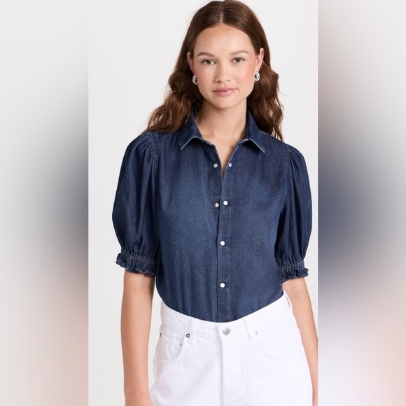 Ba&sh Honey Puff Short Sleeve Blue Denim Top - Picture 1 of 10